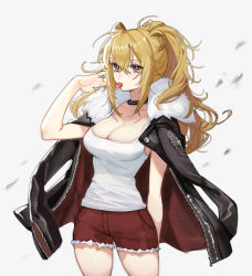 Rule 34 | 1girl, absurdres, animal ears, arknights, black choker, black jacket, blonde hair, breasts, brown eyes, candy, chinese commentary, choker, cleavage, cowboy shot, expressionless, eyelashes, food, fur-trimmed jacket, fur trim, grey background, hair between eyes, half updo, hand in own hair, highres, jacket, jacket on shoulders, lion ears, lollipop, long hair, looking at viewer, medium breasts, mouth hold, ponytail, red shorts, renxing xibao, short shorts, shorts, siege (arknights), simple background, sleeveless, solo, studded choker, tank top, white tank top