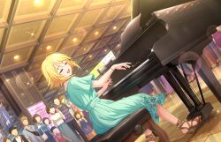 Rule 34 | blonde hair, ceiling light, closed eyes, dress, faceless, game cg, green dress, high heels, idolmaster, idolmaster cinderella girls, idolmaster cinderella girls starlight stage, instrument, official art, open mouth, piano, piano bench, sandals, sitting, umeki otoha