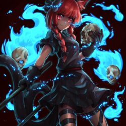 Rule 34 | 1girl, animal ears, black background, black dress, black gloves, braid, cat ears, cat girl, cat tail, closed mouth, cowboy shot, dress, gloves, green dress, highres, hitodama, holding, holding skull, kaenbyou rin, looking at viewer, medium hair, multiple tails, nekomata, red eyes, red hair, short sleeves, side braids, skull, smile, solo, standing, tail, tierra misu, touhou, twin braids, two tails
