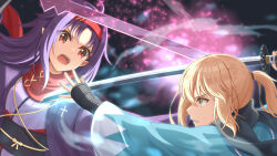 Rule 34 | 2girls, absurdres, battle, black scarf, blonde hair, blue kimono, commission, duel, energy, fairy (sao), fantasy, fate/grand order, fate (series), fighting, glowing, hairband, highres, holding, holding sword, holding weapon, japanese clothes, kimono, long hair, looking at another, magic, matsuba moco, multiple girls, obsidian slasher, okita souji (fate), okita souji (koha-ace), open mouth, pointy ears, ponytail, purple hair, purple kimono, red eyes, red hairband, red scarf, scarf, skeb commission, sword, sword art online, teeth, upper body, upper teeth only, voice actor connection, weapon, yellow eyes, yuuki (sao), yuuki aoi