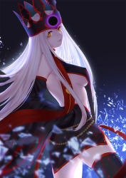 Rule 34 | 1girl, backlighting, beads, black skirt, black thighhighs, blue background, breasts, broken glass, covered erect nipples, cowboy shot, crown, dark persona, detached sleeves, fate/grand order, fate/zero, fate (series), from side, glass, gradient background, justeaze lizrich von einzbern, large breasts, long hair, looking at viewer, miniskirt, motion blur, orange eyes, parted lips, shade, shards, sideboob, skirt, sleeves past wrists, solo, stole, teeth, thighhighs, white hair, whitem (whiteemperor2020)