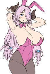 Rule 34 | 1girl, alternate costume, animal ears, armpits, arms up, blue eyes, blush, bow, bowtie, breasts, brown pantyhose, cleavage, covered navel, cowboy shot, detached collar, draph, fake animal ears, granblue fantasy, hair ornament, hair over one eye, highleg, highleg leotard, highres, horns, houtengeki, large breasts, leotard, narmaya (granblue fantasy), one eye covered, pantyhose, parted lips, pink bow, pink bowtie, pink leotard, playboy bunny, rabbit ears, simple background, solo, white background, wrist cuffs