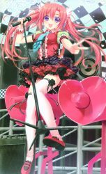 Rule 34 | 1girl, :d, absurdres, alpha (yukai na nakamatachi), checkered background, dress, flower, highres, lolita fashion, microphone, microphone stand, necktie, open mouth, petals, pink hair, rose, scaffolding, shoes, smile, solo, speaker, thighhighs, twintails, v, white flower, white rose, white thighhighs