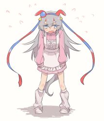 Rule 34 | 1girl, alternate costume, animal ears, apron, arms at sides, blue eyes, blush, ears down, fang, flying sweatdrops, full body, grey hair, hairband, headband, highres, horse ears, horse girl, horse tail, jacket, jersey maid, long hair, long sleeves, looking at another, loose socks, maid, maid apron, nervous sweating, no shoes, pink jacket, pink skirt, skin fang, skirt, sleeves past fingers, sleeves past wrists, socks, solo, standing, sweat, tail, tamamo cross (umamusume), track jacket, umamusume, unconventional maid, urewi, v-shaped eyebrows, white socks