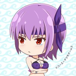 Rule 34 | 1girl, ayane (doa), bikini, blush, breast hold, breasts, chibi, cleavage, criss-cross halter, dead or alive, dead or alive xtreme venus vacation, halterneck, headband, large breasts, looking at viewer, looking away, lowres, navel, official art, patterned background, purple hair, red eyes, standing, swimsuit, tearing up, tecmo, upper body, wave print