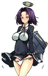 Rule 34 | 10s, 1girl, blush, breasts, covered navel, halo, ippongui, kantai collection, large breasts, looking at viewer, mechanical halo, panties, personification, purple eyes, purple hair, school uniform, short hair, side-tie panties, simple background, sketch, smile, solo, tatsuta (kancolle), underwear, white background, white panties