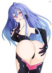 Rule 34 | 1girl, absurdres, artist request, ass, ass grab, bare shoulders, blue hair, blush, breasts, come hither, deep skin, elbow gloves, from behind, gloves, highres, huge ass, iris heart, large breasts, leaning, leaning forward, long hair, looking at viewer, naughty face, neptune (series), open mouth, purple eyes, pururut, shiny skin, sideboob, smile, solo, thighhighs, thong