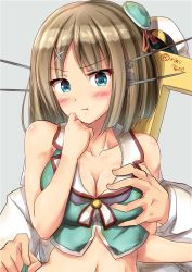 Rule 34 | 10s, 1boy, 1girl, bare shoulders, beret, blue eyes, grabbing another&#039;s breast, breasts, brown hair, cleavage, collarbone, crop top, grabbing, hair ornament, hat, headgear, hetero, ichikawa feesu, kantai collection, large breasts, maya (kancolle), midriff, military, military uniform, mini hat, naval uniform, neckerchief, no gloves, peaked cap, pout, remodel (kantai collection), short hair, t-head admiral, uniform, upper body