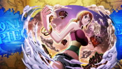 Rule 34 | 1girl, breasts, cloud, female focus, large breasts, nami (one piece), navel, one piece, one piece: strong world, orange hair, outdoors, shorts, sky, solo, standing, sun set, tagme