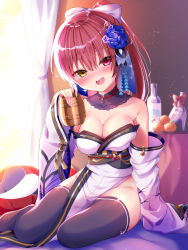 Rule 34 | 1girl, :d, absurdres, bare shoulders, black thighhighs, blush, bottle, breasts, cleavage, detached collar, detached sleeves, drunk, fang, flower, fukemachi, groin, hair flower, hair ornament, hand up, head tilt, heterochromia, high heels, highres, holding, hololive, houshou marine, japanese clothes, kanzashi, kimono, large breasts, long hair, long sleeves, looking at viewer, no panties, no shoes, nose blush, obi, open mouth, pelvic curtain, ponytail, red eyes, red hair, sash, sitting, smile, solo, strapless, thighhighs, thighs, virtual youtuber, white kimono, wide sleeves, yellow eyes, yokozuwari