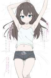 Rule 34 | 1girl, armpits, arms up, bare arms, bare shoulders, bed sheet, black shorts, blue eyes, blush, brown hair, camisole, closed mouth, commentary request, feet out of frame, groin, hair between eyes, hair ornament, hairclip, highres, long hair, looking at viewer, lying, navel, on back, original, short shorts, shorts, smile, solo, takasuma hiro, translation request, white camisole