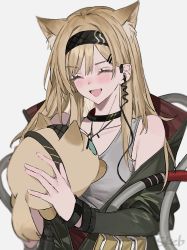 Rule 34 | 1girl, :d, ^ ^, animal ear fluff, animal ears, aogisa, arknights, bare shoulders, black choker, black hairband, black jacket, blonde hair, blush, choker, closed eyes, commentary request, grey background, grey tank top, hairband, highres, holding, holding stuffed toy, horn (arknights), jacket, long sleeves, open mouth, simple background, smile, solo, stuffed animal, stuffed toy, tank top, upper body, wolf ears