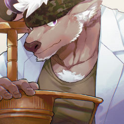 Rule 34 | 1boy, animal ears, bara, brown fur, camouflage, camouflage headwear, chest hair, commentary, cow ears, cow horns, doctor, facial hair, furry, furry male, goatee, green tank top, headband, highres, holding, holding syringe, holding weapon, horns, huge weapon, jinnai10, lab coat, large pectorals, looking at viewer, male focus, minotaur, muscular, muscular male, pectorals, purple eyes, purple horns, shennong (housamo), short hair, solo, syringe, tank top, tokyo houkago summoners, weapon, white hair