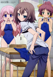 Rule 34 | &gt;:o, 1boy, 2girls, :o, absurdres, aqua eyes, ass, baka to test to shoukanjuu, belt, blue eyes, blue one-piece swimsuit, blush, bow, breast envy, breasts, brown hair, bulletin board, chair, chalkboard, chestnut mouth, child, classroom, unworn clothes, competition school swimsuit, covered navel, crossdressing, desk, flat chest, from side, green eyes, grey hair, hair bow, hair ornament, hairclip, halftone, hands on own cheeks, hands on own chest, hands on own face, high ponytail, highres, himeji mizuki, hip focus, indoors, kinoshita hideyoshi, large breasts, leaning forward, legs, long hair, looking at another, looking at breasts, looking at viewer, looking back, megami magazine, multiple girls, necktie, noda megumi (artist), non-web source, official art, one-piece swimsuit, open mouth, pants, parted bangs, pink hair, ponytail, purple hair, scan, school, school desk, school swimsuit, school uniform, serafuku, shimada minami, shirt, short hair, short ponytail, short sleeves, standing, surprised, swimsuit, unworn swimsuit, taut clothes, thigh gap, tile floor, tiles, trap, underwear, undressing, unfastened, v-shaped eyebrows, very long hair, wavy hair, wide-eyed