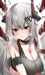 Rule 34 | 1girl, arknights, bandaged arm, bandages, bare shoulders, blush, breasts, cleavage, closed mouth, collar, collarbone, ear blush, grey hair, hair ornament, highres, horn/wood, horns, large breasts, long hair, looking at viewer, material growth, motion lines, mudrock (arknights), oripathy lesion (arknights), pointy ears, red eyes, solo, sports bra, steaming body, tentacles, upper body, v-shaped eyebrows, very long hair