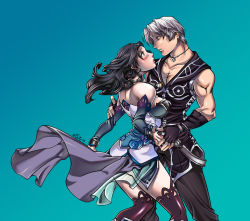 Rule 34 | 1boy, 1girl, ass, bare shoulders, blue background, breasts, couple, gradient background, hetero, jewelry, lloyd, lloyd (dragoon), looking at another, marci miller, muscular, necklace, open mouth, original, red eyes, silver hair, simple background, standing, teeth, the legend of dragoon, upskirt, wingly