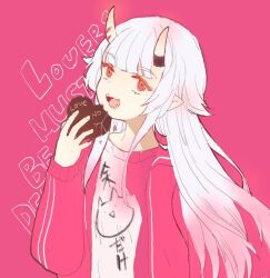 Rule 34 | 1girl, :d, candy, chocolate, chocolate heart, clothes writing, english text, fangs, food, grey hair, hand up, heart, holding, holding food, hololive, horns, jacket, long hair, long sleeves, looking at viewer, lunacats, nakiri ayame, nakiri ayame (7th costume), nakiri ayame (off-work), official alternate costume, oni, open mouth, pink background, pink jacket, pointy ears, puffy long sleeves, puffy sleeves, red eyes, shirt, simple background, smile, solo, text background, track jacket, very long hair, virtual youtuber, white shirt