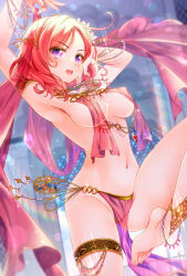 Rule 34 | 1girl, :d, armpits, breast curtains, breasts, censored, commentary request, commission, covered erect nipples, dancer, jewelry, large breasts, leg lift, loincloth, looking at viewer, love live!, love live! school idol project, macarony, medium hair, mosaic censoring, navel, nishikino maki, open mouth, pelvic curtain, purple eyes, red hair, revealing clothes, skeb commission, smile, solo, thighlet