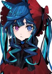 Rule 34 | 1girl, absurdres, ahoge, animal ears, blue eyes, blue hair, bonnet, capelet, commentary request, cosplay, crossed bangs, frilled capelet, frills, heterochromia, highres, horse ears, horse girl, long hair, long sleeves, looking at viewer, multicolored hair, parted lips, red headwear, ringed eyes, rozen maiden, shinku, shinku (cosplay), sidelocks, solo, tail, teeth, toa510, twin turbo (umamusume), twintails, umamusume, upper body
