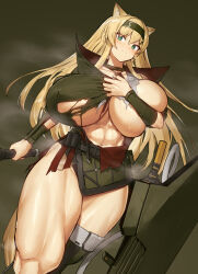 Rule 34 | 1girl, abs, alternate breast size, animal ears, arknights, black choker, black hairband, blonde hair, blush, breasts, choker, green eyes, hairband, highres, hilt, holding, holding weapon, horn (arknights), huge breasts, long hair, melon22, muscular, muscular female, navel, no bra, simple background, solo, sweat, thighs, torn clothes, weapon, wolf ears