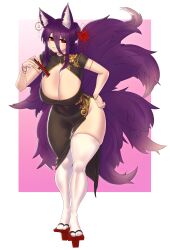 Rule 34 | absurdres, animal ears, bracelet, breasts, china dress, chinese clothes, cleavage, cleavage cutout, clothing cutout, commission, copyright request, curvy, dress, folding fan, fox, fox ears, fox girl, gintm, hair ornament, hand fan, highres, huge breasts, jewelry, leaning forward, long hair, multiple tails, purple hair, red eyes, smile, tail, thick thighs, thighhighs, thighs, white thighhighs