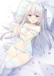 Rule 34 | 1girl, bad id, bad pixiv id, bare shoulders, bed sheet, blue eyes, blue hairband, blue ribbon, blush, bow, bow panties, breasts, cleavage, collarbone, commentary request, fingernails, frilled panties, frilled pillow, frills, gluteal fold, grey hair, groin, hair between eyes, hair ribbon, hairband, hands up, highres, holding, holding own hair, long hair, lying, on back, original, panties, parted lips, petals, pillow, puffy short sleeves, puffy sleeves, ribbon, short sleeves, small breasts, solo, striped clothes, striped thighhighs, thigh gap, thighhighs, tsuruse, two side up, underwear, very long hair, white panties, wrist cuffs