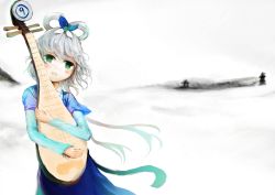 Rule 34 | 1girl, absurdres, blush, green eyes, highres, holding, instrument, jiaoshouwen, layered sleeves, long sleeves, luo tianyi, short over long sleeves, short sleeves, simple background, solo, vocaloid