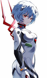 Rule 34 | 1girl, absurdres, ayanami rei, bident, cowboy shot, from side, hair between eyes, highres, holding, holding polearm, holding weapon, lance of longinus (evangelion), looking at viewer, looking to the side, neon genesis evangelion, parted lips, pension z, plugsuit, polearm, red eyes, short hair, sidelocks, solo, standing, weapon, white background