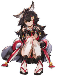 Rule 34 | 1girl, animal ear fluff, animal ears, bell, black footwear, black hair, black skirt, blush, breasts, closed mouth, commentary, crop top, detached sleeves, eyelashes, full body, hair between eyes, hair ornament, highres, hololive, knees together feet apart, kouhaku nawa, long hair, looking at viewer, majo (pastamajo), medium breasts, miniskirt, multicolored hair, ookami mio, ookami mio (1st costume), panties, pantyshot, pleated skirt, red hair, red panties, rope, sandals, shimenawa, simple background, sitting, skirt, smile, solo, streaked hair, thighhighs, two-tone hair, underwear, virtual youtuber, white background, white thighhighs, wide sleeves, wolf ears, yellow eyes