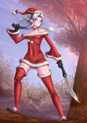 Rule 34 | 1girl, adsouto, boots, christmas, day, hat, highres, horns, legs apart, outdoors, pointy ears, rayla (the dragon prince), santa costume, santa hat, solo, standing, sword, the dragon prince, thigh boots, thighhighs, weapon