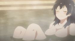 Rule 34 | 1girl, animated, animated gif, anime screenshot, bath, bathing, bathroom, black hair, blush, breasts, closed eyes, collarbone, completely nude, large breasts, long hair, nude, partially submerged, shokei shoujo no virgin road, smile, thighs, tokitou akari, water, wet, wet hair
