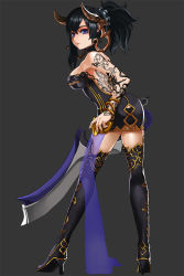 Rule 34 | 10s, 1girl, ass cutout, bare back, black footwear, black hair, black panties, black thighhighs, blade &amp; soul, blue eyes, boots, bracelet, butt crack, choker, clothing cutout, dress, hair ornament, high heel boots, high heels, horns, jewelry, leaning forward, lhu (barappra1), long hair, looking back, panties, parted lips, ponytail, solo, standing, tattoo, thigh boots, thighhighs, underwear, zettai ryouiki
