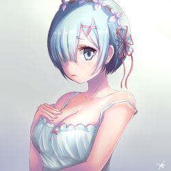 Rule 34 | 10s, 1girl, bare shoulders, blue eyes, blue hair, bow, breasts, camisole, cleavage, collarbone, gradient background, hair ornament, hair over one eye, hand on own chest, highres, lips, looking at viewer, matching hair/eyes, medium breasts, parted lips, pdxen, re:zero kara hajimeru isekai seikatsu, rem (re:zero), short hair, signature, solo, strap slip, upper body, x hair ornament
