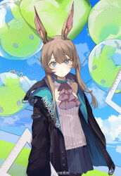 Rule 34 | 1girl, absurdres, amiya (arknights), animal ear fluff, animal ears, arknights, ascot, balloon, black coat, black skirt, blue eyes, blue sky, blush, brown hair, closed mouth, clothes writing, coat, cowboy shot, day, heart, highres, long hair, long sleeves, looking at viewer, miniskirt, nuanpapa, open clothes, open coat, outdoors, pleated skirt, purple ascot, rabbit ears, sidelocks, skirt, sky, solo, weibo username