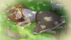 Rule 34 | 1girl, absurdres, animal, animal ears, bad id, bad pixiv id, belt, brown hair, cat, cat ears, cat girl, cat tail, center frills, closed eyes, dappled sunlight, frills, grass, highres, indie virtual youtuber, itigori ena, loafers, long hair, lying, on side, open mouth, shoes, short sleeves, skirt, sleeping, solo, sunlight, tail, twintails, tyakomis, virtual youtuber