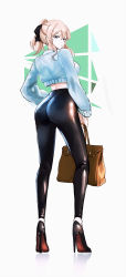 Rule 34 | 1girl, alternate costume, ass, bag, blonde hair, blue eyes, bow, breasts, casual, from behind, genshin impact, hair between eyes, hair bow, handbag, high heels, highres, jean (genshin impact), large breasts, long hair, looking at viewer, looking back, pants, ponytail, shiny clothes, sideboob, skin tight, smile, solo, spandex, tight clothes, tight pants, tommy (kingdukeee), white background