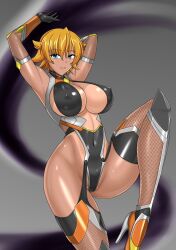 Rule 34 | 1girl, arms up, bare shoulders, blonde hair, blue eyes, blush, bodysuit, breasts, cleavage cutout, clothing cutout, covered navel, curvy, dark skin, dual wielding, gloves, highleg, highleg leotard, holding, igawa sakura, large breasts, leotard, looking at viewer, nado.e, one-piece tan, partially visible vulva, revealing clothes, shiny skin, short hair, simple background, skin tight, solo, taimanin (series), taimanin asagi, taimanin rpgx, taimanin suit, tan, tanline, thighhighs, thong leotard, wide hips