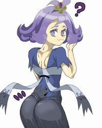 Rule 34 | 1girl, ?, acerola (pokemon), ass, blue eyes, creatures (company), dress, from behind, game freak, hair ornament, highres, looking at viewer, looking back, medium hair, nintendo, pokemon, pokemon sm, purple hair, schlumper, schlumper, smile, solo