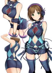 Rule 34 | 10s, 1girl, argyle, argyle clothes, argyle cutout, arms behind back, arms behind head, arms up, ass, back, back cutout, bare shoulders, boots, breasts, brown hair, butt crack, cable, cleavage, cleavage cutout, clothing cutout, gloves, green eyes, headphones, highres, idolmaster, idolmaster cinderella girls, idolmaster cinderella girls starlight stage, large breasts, maekawa miku, multiple views, navel, navel cutout, neon trim, short hair, short shorts, shorts, simple background, smile, takeashiro, thigh boots, thighhighs, thighs, white background