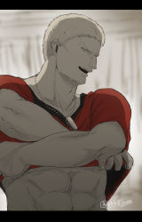 Rule 34 | 1boy, abs, bad id, bad pixiv id, bara, bun (bbb81bun), dog tags, letterboxed, looking at viewer, male focus, muscular, muscular male, official alternate costume, pectorals, red shirt, reiner braun, rugby uniform, seductive smile, shingeki no kyojin, shirt, short hair, smile, solo, sportswear, stomach, undressing, upper body