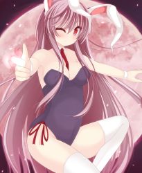 Rule 34 | 1girl, animal ears, bow, bowtie, breasts, chimunge, full moon, highres, leotard, long hair, moon, necktie, night, one eye closed, playboy bunny, pointing, purple hair, rabbit ears, rabbit girl, red eyes, red moon, reisen udongein inaba, solo, strapless, thighhighs, touhou, white thighhighs, wink, wrist cuffs