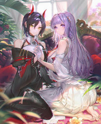 Rule 34 | 2girls, absurdres, ass, azur lane, bare shoulders, barefoot, black choker, black coat, black hair, black thighhighs, blunt bangs, breast strap, breasts, chinese commentary, choker, cleavage, closed mouth, clover hair ornament, coat, collared shirt, commentary request, couch, crop top, cross, dress, full body, garter straps, gloves, gt-apex, hair between eyes, hair ornament, half gloves, highres, horns, indoors, interlocked fingers, iron cross, large breasts, long hair, long sleeves, looking at viewer, multicolored hair, multiple girls, nail polish, off shoulder, plymouth (azur lane), purple eyes, purple hair, red horns, seiza, shadow, shirt, short hair, sidelocks, sitting, sleeveless, sleeveless dress, sleeveless shirt, smile, spiked choker, spikes, thighhighs, ulrich von hutten (azur lane), wariza, white dress, white gloves, white hair, white shirt, window, yellow eyes