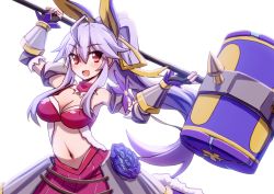 Rule 34 | 1girl, ahoge, alternate costume, animal ears, armor, armpits, backlighting, bandeau, blush, breasts, character request, cleavage, detached collar, faulds, flower knight girl, hair between eyes, hammer, long hair, mizunashi (second run), navel, ponytail, purple hair, rabbit ears, red eyes, solo, v-shaped eyebrows, very long hair, war hammer, weapon, white background