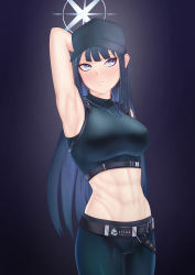 Rule 34 | abs, absurdres, arm up, armpits, blue archive, crop top, ct-08, halo, hat, highres, long hair, muscular, muscular female, saori (blue archive), self-upload, tank top, toned