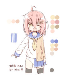 Rule 34 | 1girl, ;d, ahoge, ayanepuna, black thighhighs, blue sailor collar, blue skirt, blush, brown eyes, cardigan, character sheet, color guide, hair between eyes, hair ornament, hair ribbon, long sleeves, looking at viewer, one eye closed, open mouth, original, outstretched arm, panties, pink hair, pleated skirt, revealing layer, ribbon, sailor collar, school uniform, serafuku, shirt, skirt, sleeves past wrists, smile, solo, thighhighs, translation request, underwear, white panties, white ribbon, white shirt, yune (ayanepuna)