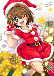 Rule 34 | 1girl, ;d, blurry, blurry foreground, boots, brown hair, christmas, commentary request, dated, depth of field, dress, fingerless gloves, fur-trimmed dress, fur trim, gift, gloves, hair ornament, hairclip, hat, highres, leg up, looking at viewer, lyrical nanoha, mahou shoujo lyrical nanoha, mahou shoujo lyrical nanoha a&#039;s, one eye closed, open mouth, red dress, red footwear, red gloves, red hat, san-pon, santa boots, santa dress, santa gloves, santa hat, short dress, short hair, short sleeves, smile, solo, sparkle, standing, standing on one leg, star (symbol), textless version, twitter username, w, waving, x hair ornament, yagami hayate