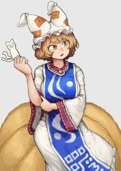 Rule 34 | 1girl, absurdres, animal hat, blonde hair, blue tabard, blush, breasts, chanta (ayatakaoisii), chen, chen (cat), dress, feet out of frame, fox tail, frilled dress, frilled hat, frills, grey background, hat, highres, kitsune, kyuubi, large breasts, long sleeves, looking afar, looking to the side, medium bangs, mob cap, multiple tails, open mouth, paper cutout, short hair, simple background, slit pupils, solo, tabard, tail, touhou, unfinished dream of all living ghost, white dress, white hat, wide sleeves, yakumo ran, yellow eyes