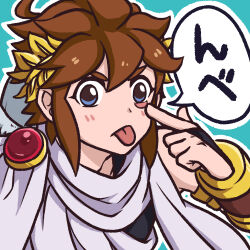 Rule 34 | 1boy, 72kuri, ahoge, blue background, blue eyes, brown hair, kid icarus, kid icarus uprising, laurel crown, making faces, nintendo, outline, pit (kid icarus), solo, tongue, tongue out, upper body, v-shaped eyebrows, white outline