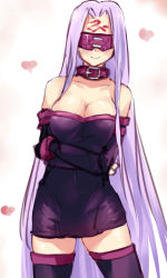 Rule 34 | 1girl, bare shoulders, blindfold, blush, breasts, buckle, cleavage, collar, collarbone, cowboy shot, crossed arms, dress, facial mark, fate/stay night, fate (series), forehead mark, heart, large breasts, long hair, medusa (fate), medusa (rider) (fate), negresco, purple hair, sketch, smile, solo, strapless, strapless dress, thighhighs, very long hair