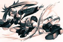 Rule 34 | 1girl, arc system works, bare shoulders, boots, breasts, china dress, chinese clothes, detached sleeves, dress, greyscale, guilty gear, hair ornament, hungry clicker, kicking, kuradoberi jam, long hair, medium breasts, monochrome, open mouth, simple background, skirt, solo, very long hair